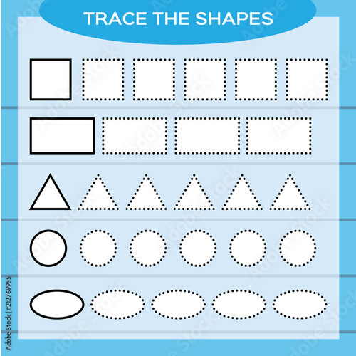 Trace the shapes. Kids education. Preschool worksheet. Basic writing. Kids doing worksheets. Fine motor skills. White shapes and blue background. Square, rectangle, circle e.t.c