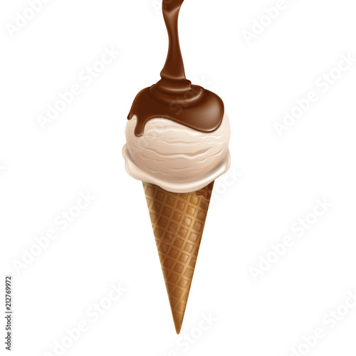 Vector 3d realistic vanilla ice cream glazed with chocolate in waffle cone isolated on white background. Sweet summer frozen dessert with sundae taste. Design element for package or ad poster, banner