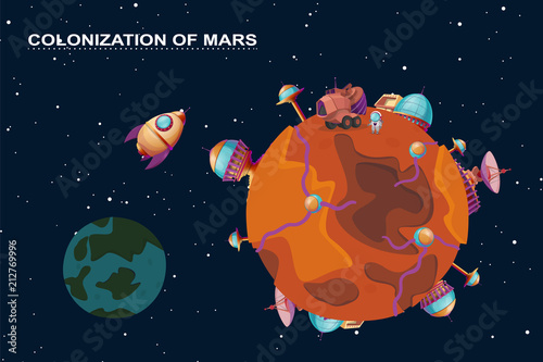 Vector cartoon mars colonization concept. Red planet in space, cosmos with colony buildings for terraforming. Different bases with spaceships. Futuristic technology, sci-fi construction, exploration
