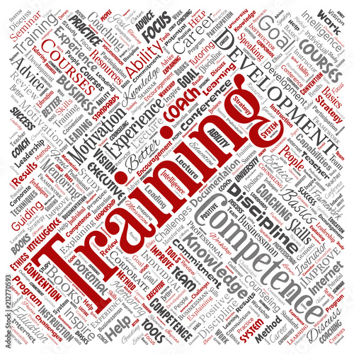Vector conceptual training, coaching or learning, study square red word cloud isolated on background. Collage of mentoring, development, motivation skills, career, potential goals or competence