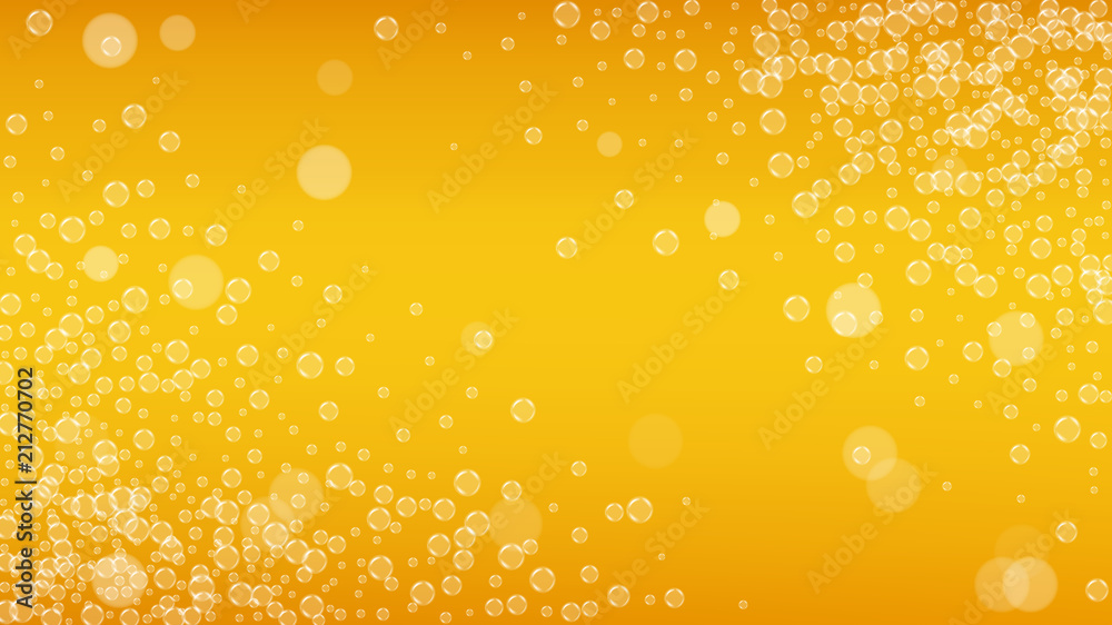 Beer background with realistic bubbles. Cool liquid drink for pub and bar menu design, banners and flyers. Yellow horizontal beer background with white foam. Cold glass of ale for brewery design. Beer background with realistic bubbles. Cool liquid drink for pub and bar menu design, banners and flyers. Yellow horizontal beer background with white foam. Cold glass of ale for brewery design.