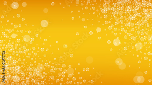 Beer background with realistic bubbles.  Cool liquid drink for pub and bar menu design, banners and flyers.  Yellow horizontal beer background with white foam. Cold glass of ale for brewery design.