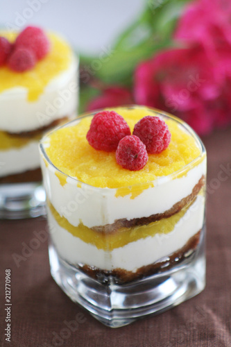 Tiramisu in a glass with mango