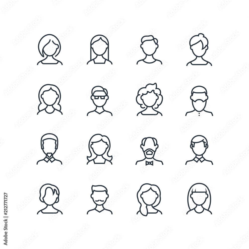 Woman and man face line icons. Female male profile outline symbols with different hairstyles. Vector people avatars isolated Stock Vector | Adobe Stock Woman and man face line icons. Female male profile outline symbols with different hairstyles. Vector people avatars isolated Stock Vector | Adobe Stock