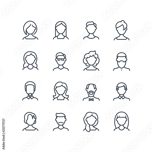 Woman and man face line icons. Female male profile outline symbols with different hairstyles. Vector people avatars isolated