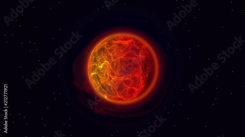 Fire planet in outer space. Burning sun with solar flares and energy charges. Rotating, ball beautiful tongues of fire and flame. Fire ball