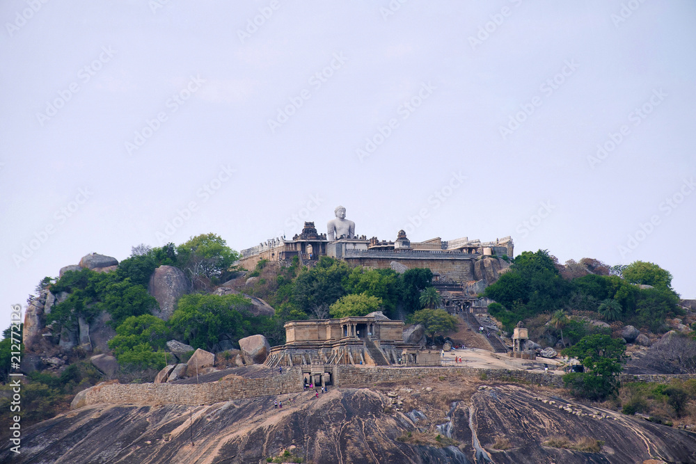 General view of Vindhyagiri hill temple complex, Sravanabelgola, Karnataka. View from Chandragiri hill. Large Belgola, white pond, is also seen.