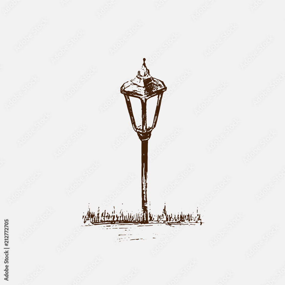 Small Garden Light. Solar Powered Lamp drawing. Sketch of Lantern. Hand drawn vector illustration of a street lamp. Brown ink drawing on light background.