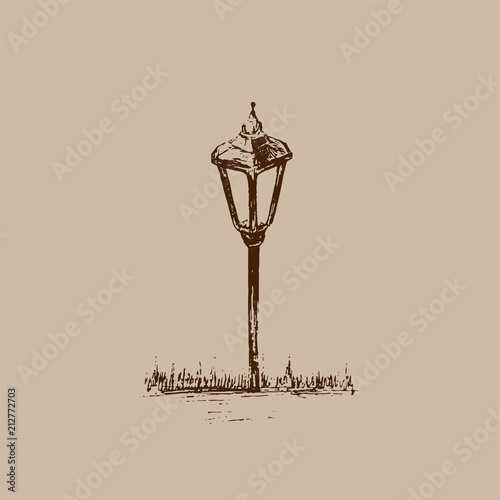 Small Garden Light. Solar Powered Lamp drawing. Sketch of Lantern. Hand drawn vector illustration of a street lamp. Brown drawing on beige background.