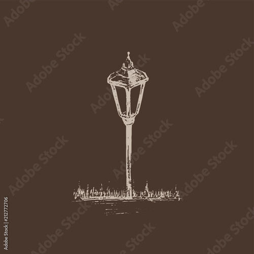 Small Garden Light. Solar Powered Lamp drawing. Sketch of Lantern. Hand drawn vector illustration of a street lamp. Ink drawing on dark brown background.