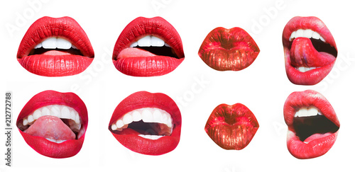 Mouth Icon. Sexy female lips with red lipstick isolated on white. White teeth, tongue of beautiful young women. Seductive lady mouth open, red lips. Different sensual forms of woman lips set photo