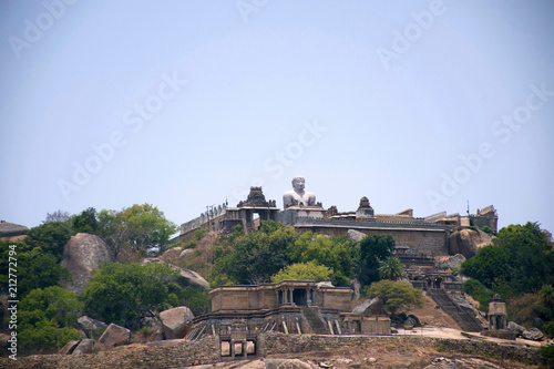 General view of Vindhyagiri hill temple complex, Sravanabelgola, Karnataka. View from Chandragiri hill. Odegal basadi is also crearly seen. photo