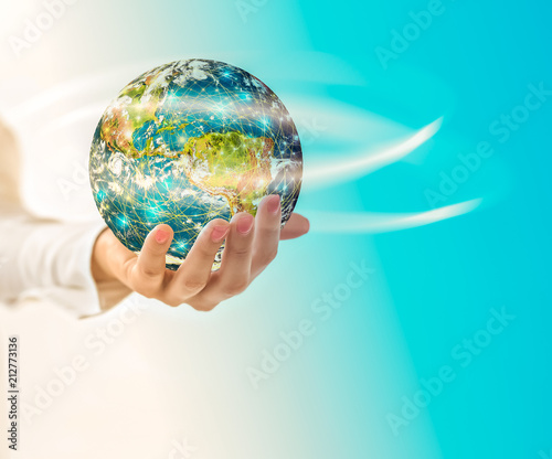 Earth from Space in hands  globe in hands Best Internet Concept of global business from concepts series. Elements of this image furnished by NASA. 3D illustration.