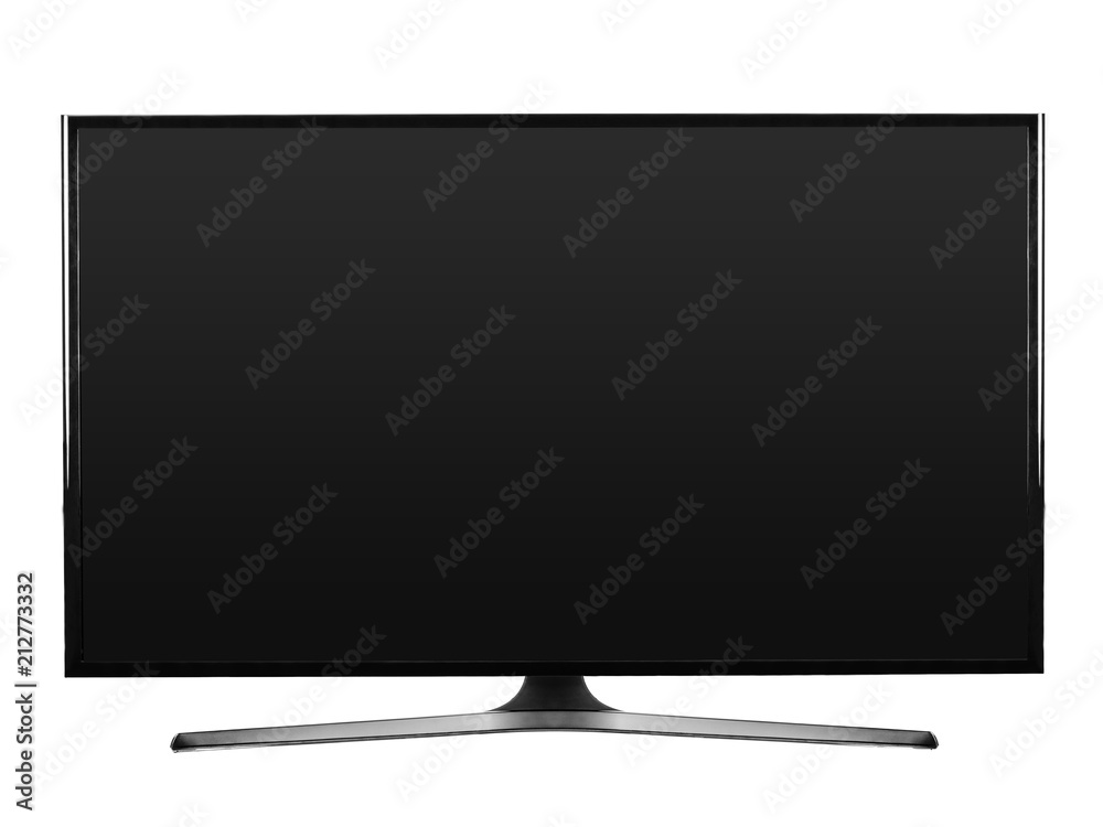 Flat screen television with tv stand isolated on white background. Clipping path for design.