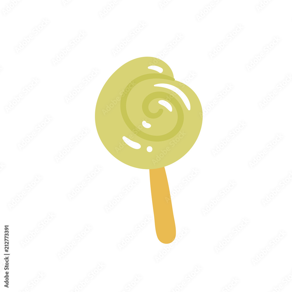 Spiral lollipop cartoon icon. Sweet candy illustration for cards, web-design, poster, etc. Glossy green lolly with mint flavor on orange wooden stick. Spiral lollipop cartoon icon. Sweet candy illustration for cards, web-design, poster, etc. Glossy green lolly with mint flavor on orange wooden stick.