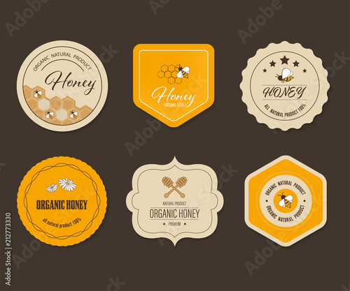 Honey bee label and banner. Logo element organic natural product design.