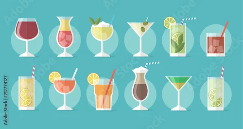 Obraz Kolekcja koktajli w stylu płaskiej - zestaw ilustracji z różnymi napojami i koktajlami