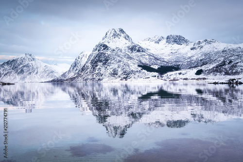 Mountain ridge and reflection at the water. Beautiful natural landscape in the Norway