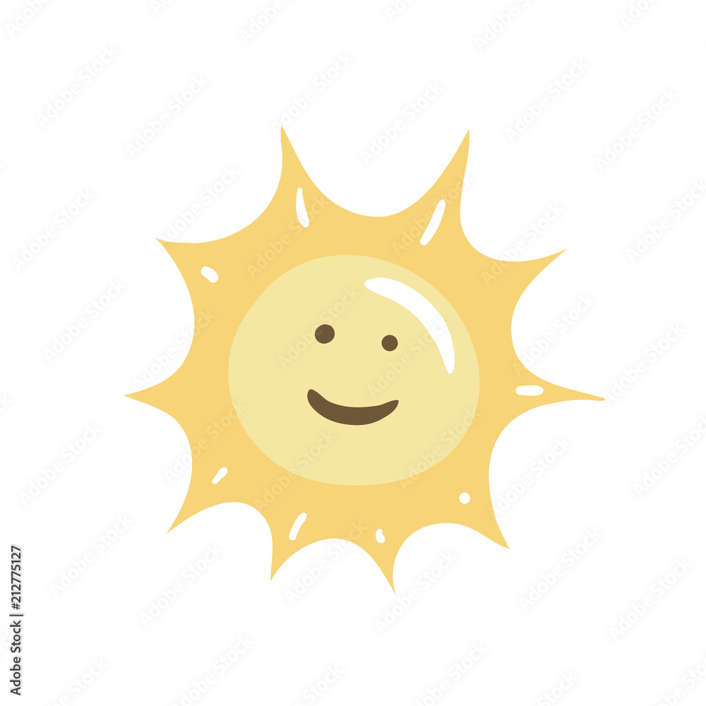Funny hand drawn sun icon. Vector illustration of sunny weather isolated on white background. Flat cartoon style. Funny hand drawn sun icon. Vector illustration of sunny weather isolated on white background. Flat cartoon style.