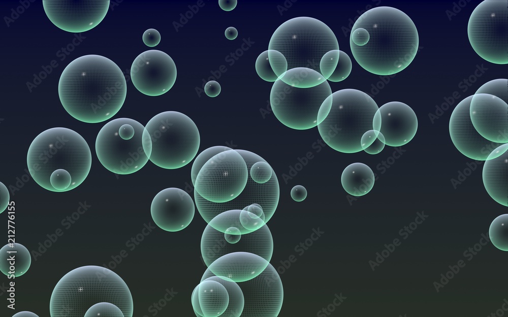 Dark background green mesh bubbles. Wallpaper, texture with bubble. 3D illustration