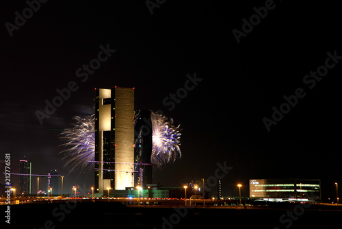 Fireworks at Bahrain Skyline and iconic building on Bahrain National Day