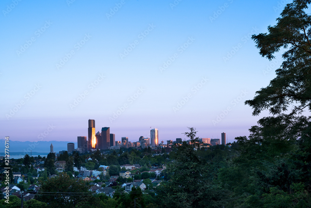 Central District Neighborhood and downtown at dawn, Seattle, Washington, USA