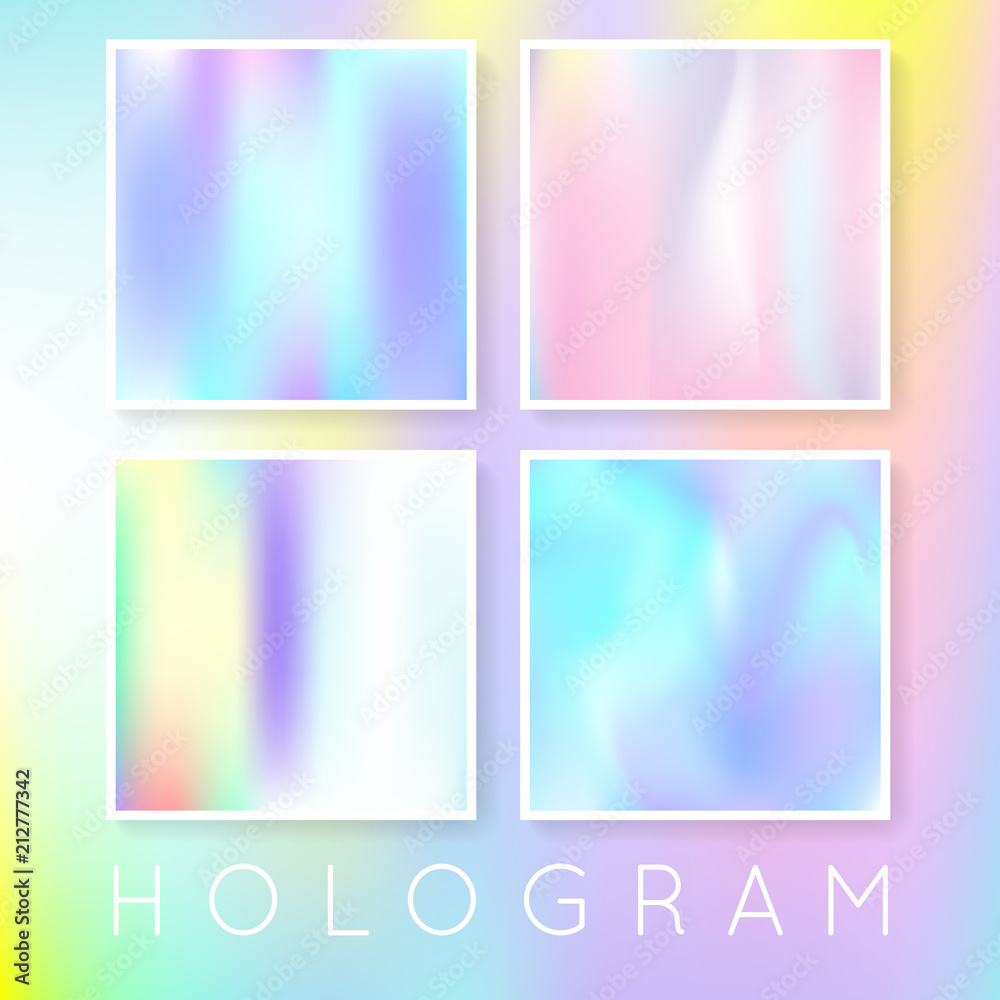 Gradient set with holographic mesh. Multicolor abstract gradient set backdrops. 90s, 80s retro style. Pearlescent graphic template for banner, flyer, cover, mobile interface, web app.