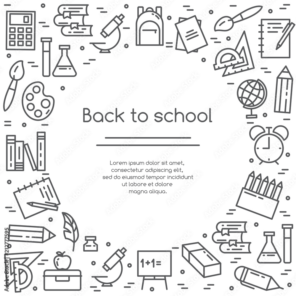 School banner with studying equipment in line art - various elements for study and education process. School banner with studying equipment in line art - various elements for study and education process.
