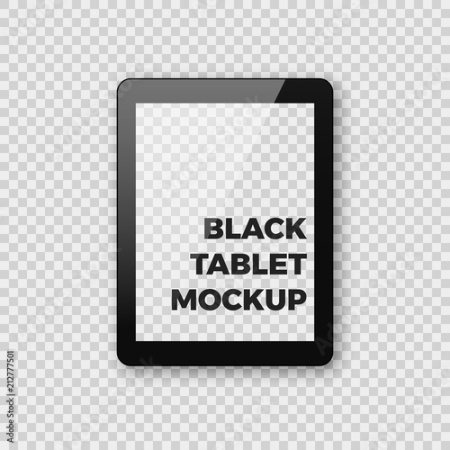 Realistic vector tablet mockup on transparent checkered background. Shiny black pad tablet ebook template with empty blank screen.