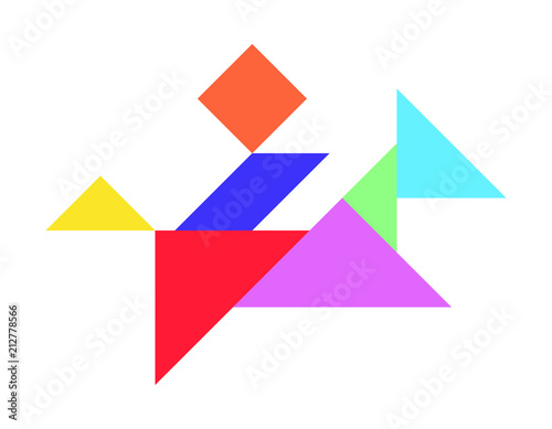 Color tangram puzzle in man riding horse shape on white background (Vector)
