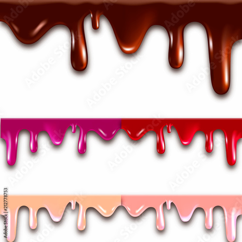 Realistic melted chocolate with dripping drops. Vector illustration