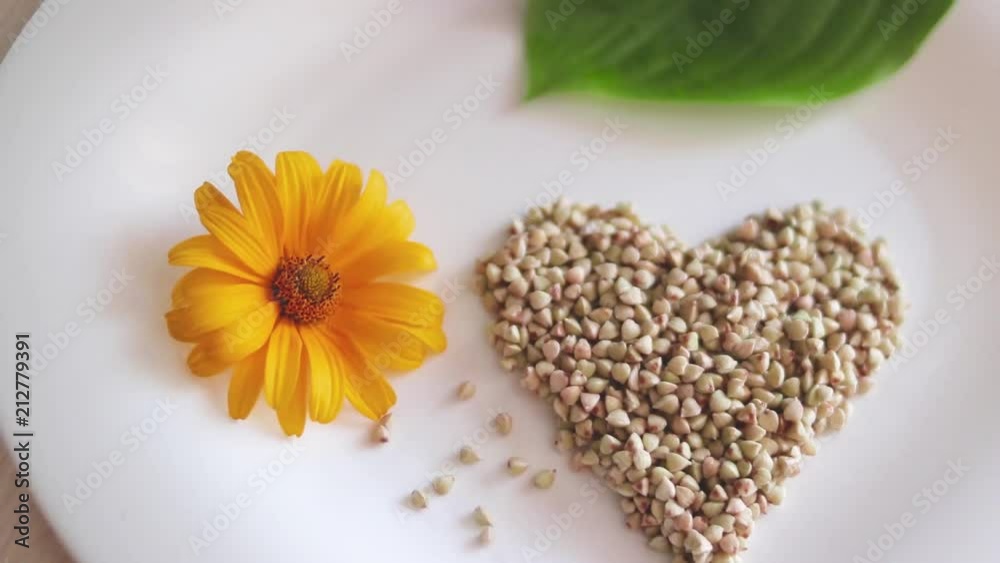 the photo of germinated buckwheat on a white plate next to a green leaf and a yellow flower the photo of germinated buckwheat on a white plate next to a green leaf and a yellow flower