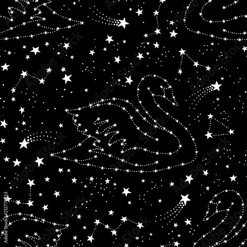 Seamless pattern with Cygnus swan, constellations and stars