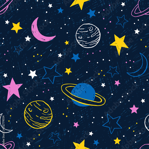 Seamless pattern with colorful planets and stars