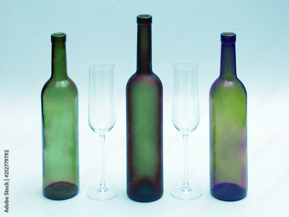 empty bottles and wine glasses on a white background empty bottles and wine glasses on a white background
