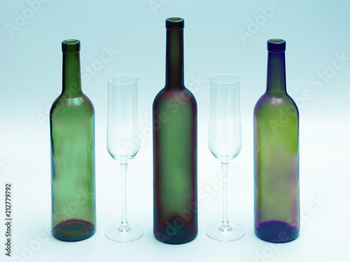 empty bottles and wine glasses on a white background