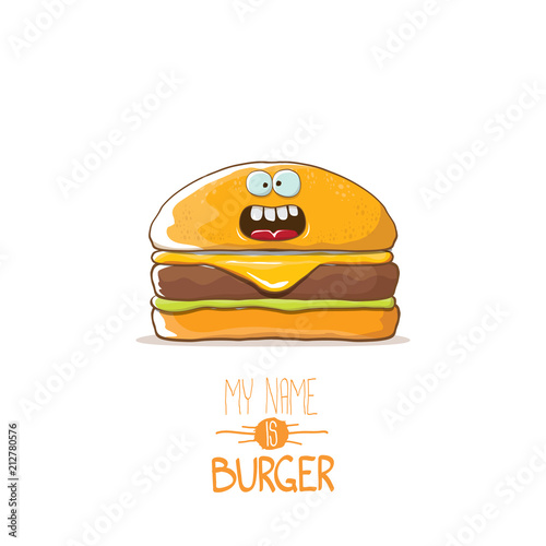 vector cartoon cute burger character with cheese, meat and salad icon isolated on white background. my name is burger vector concept illustration