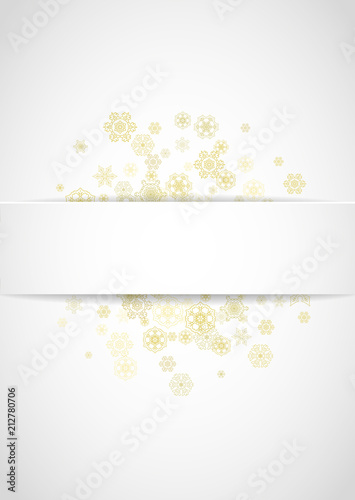 New Year snow on vertical white paper background. Gold glitter snowflakes. Christmas and New Year snow falling backdrop. For season sales, special offers, banner, cards, party invite, flyer.