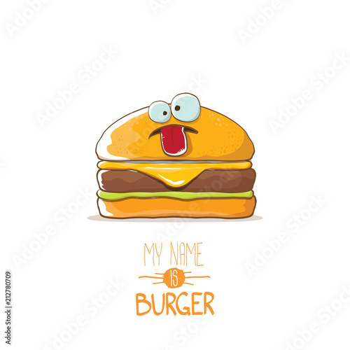 vector cartoon cute burger character with cheese, meat and salad icon isolated on white background. my name is burger vector concept illustration