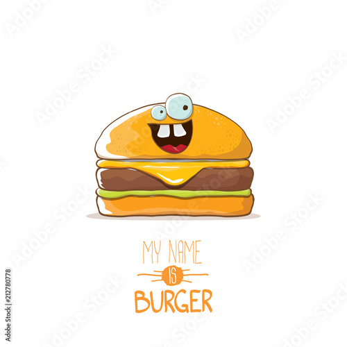 vector cartoon cute burger character with cheese, meat and salad icon isolated on white background. my name is burger vector concept illustration