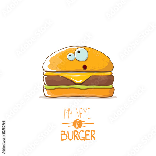 vector cartoon cute burger character with cheese, meat and salad icon isolated on white background. my name is burger vector concept illustration