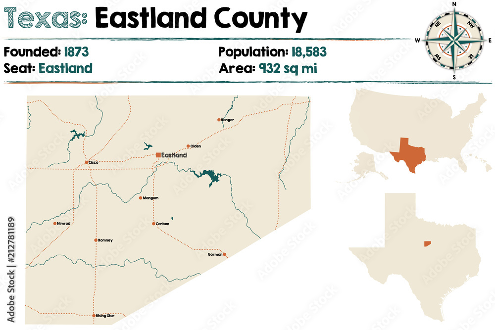 Detailed map of Eastland county in Texas, USA.