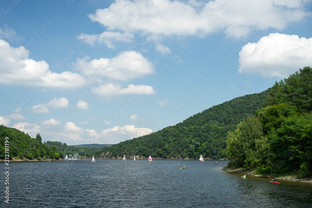 Lake trip in Rurberg, Simmerath, North Rhine Westphalia, in the Eifel National Park in Germany Lake trip in Rurberg, Simmerath, North Rhine Westphalia, in the Eifel National Park in Germany