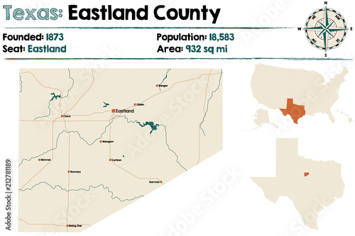 Detailed map of Eastland county in Texas  USA.