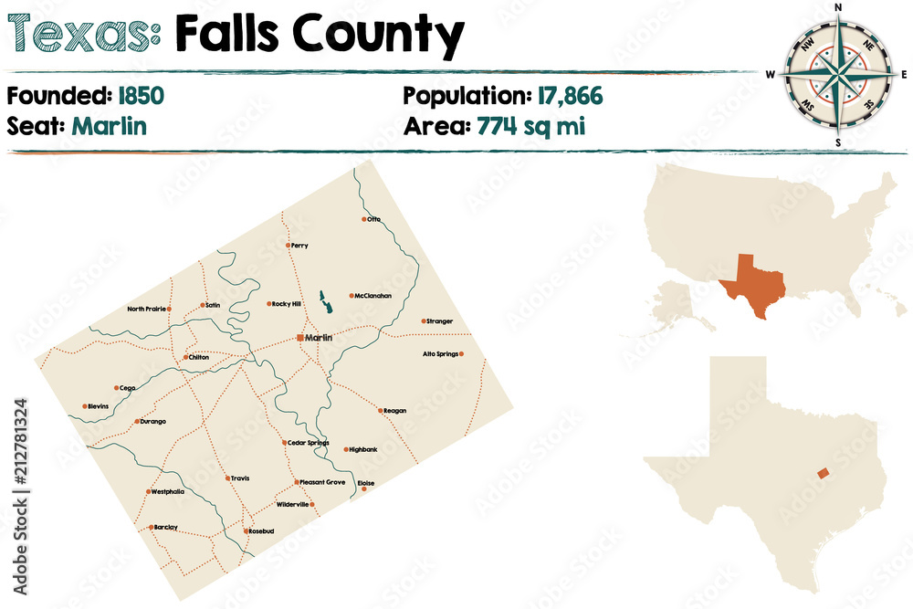 Detailed map of Falls county in Texas, USA.