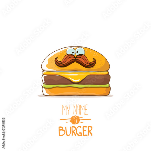 vector cartoon cute burger character with cheese, meat and salad icon isolated on white background. my name is burger vector concept illustration