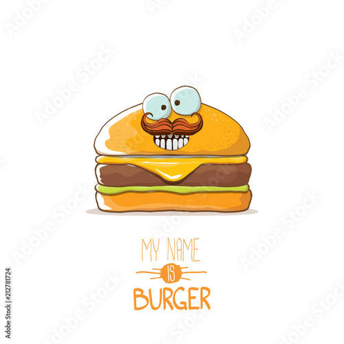 vector cartoon cute burger character with cheese, meat and salad icon isolated on white background. my name is burger vector concept illustration