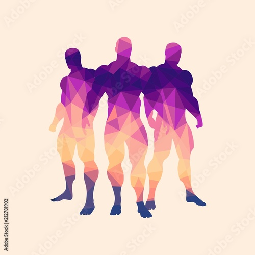 The collection of 3 body building silhouettes. Bodybuilders posing. Mosaic gradient painting