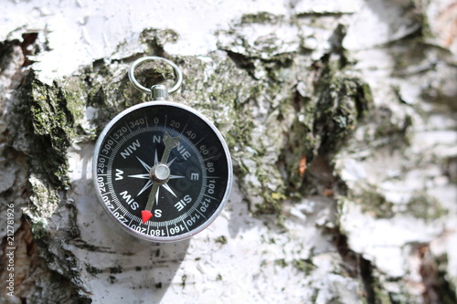 Classic compass on natural wooden background with birch bark texture