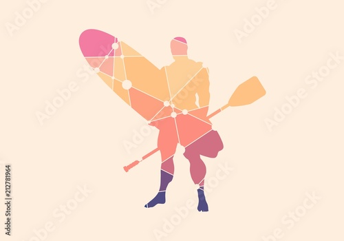Man posing with surfboard and paddle. Vintage surfing graphic and emblem for web design or print. Stand up paddle boarding. Silhouette textured by lines and dots pattern